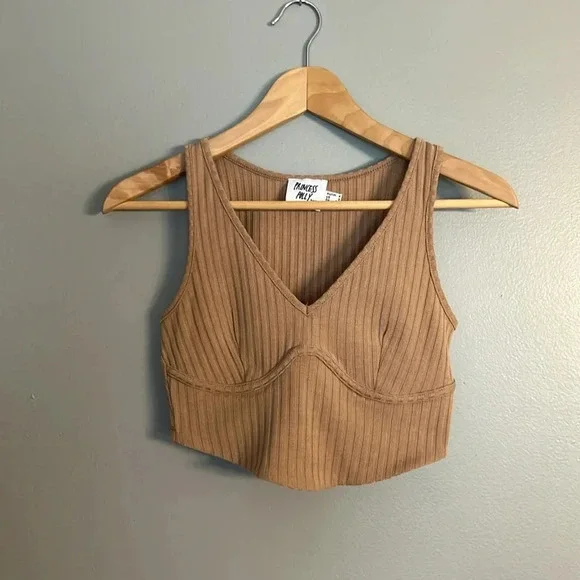 Princess Polly Koda Sleeveless Top, Sz 2, Brown, Tan, Ribbed Corset, V-Neck Tank - Picture 2 of 7